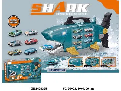 滑行鲨鱼带灯光音乐配6只塑料车仔 2只合金滑行车 3*AG13包电_OBL1628325