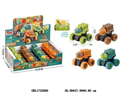 双惯性特技霸王龙车 配1只硬料恐龙 12只装一展示盒 4色混装_OBL1732980