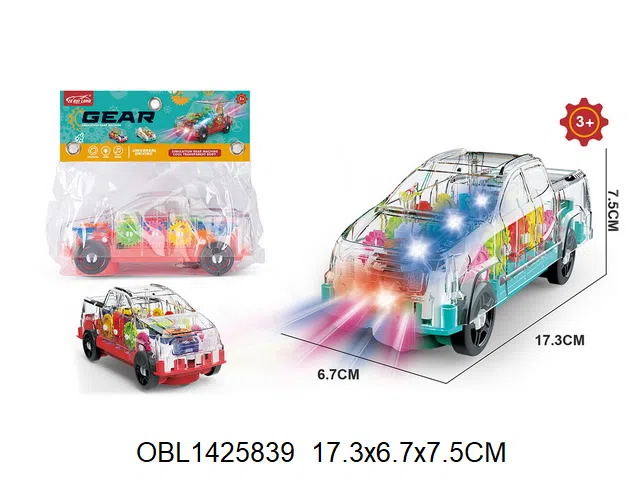 电动齿轮皮卡车带灯光音乐 3*AA无包电 2色混装_OBL1425839