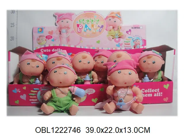 5.5寸搪胶香味公仔带6声IC配奶嘴 / 奶瓶 2*LI44纽扣电池包电 4款混装  衣服1款1色  24身装1展示盒_OBL1222746